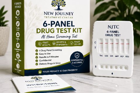 New Journey Treatment Centre 6-Panel Urine Card Test Kit for fast, accurate and confidential home drug screening with results in approximately 5 minutes.